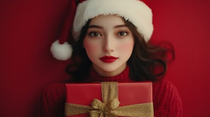 A young woman, adorned in a festive Santa hat and a vibrant red sweater, holds a crimson gift box, creating a warm and inviting Christmas aesthetic.