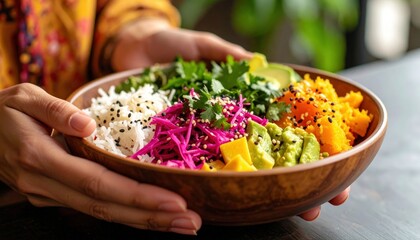 A person holding a vibrant and healthy vegan Buddha bowl filled with fresh vegetables, rice, avocado, and sesame seeds in a wooden bowl