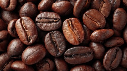 Naklejka premium Close-up View of Rich Dark Roasted Coffee Beans on a Wooden Surface