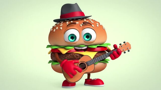 Animated burger character playing ukulele on a vibrant background