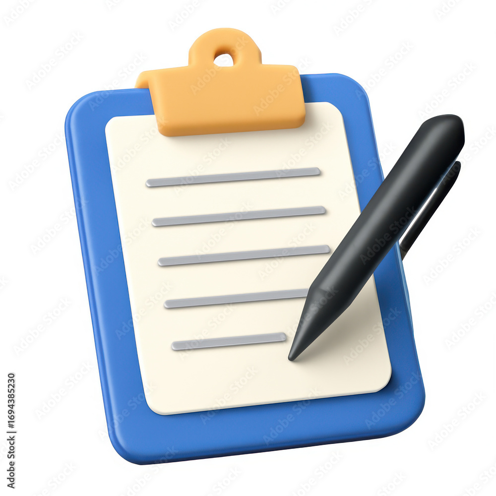 Poster stylized 3d icon of a clipboard with pen for note taking and task management white background