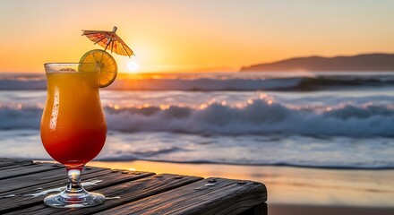 Sunset Cocktail Beach Ocean Waves.