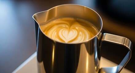 A close-up shot of a stainless steel milk pitcher with latte art in the shape of a heart.