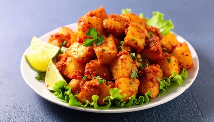 Deliciously spiced roasted potato cubes garnished with fresh parsley and lime, served on a bed of lettuce as a savory appetizer
