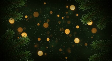 Festive evergreen boughs frame bokeh lights, evoking a warm Christmas ambiance, perfect for seasonal greetings and holiday designs.