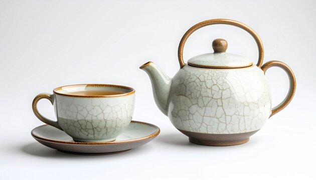 elegant tea set with gold trim on white surface and background