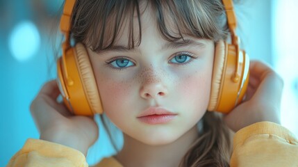Close-up portrait of a young girl wearing bright yellow headphones, showcasing her expressive features and captivating gaze.  The soft lighting and warm tones create a serene and engaging atmosphere.