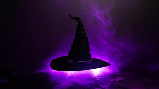 Floating black witch hat with purple light effects displayed in a dark setting, magical Halloween accessory glowing aura, mystical sorcery symbol, enchanted wizard costume element, fantasy occult  4k