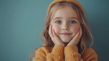 A charming young girl with a joyful expression, her hands gently resting on her cheeks, wearing a warm, golden-yellow sweater against a calming teal background.