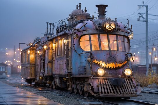 Cyberpunk halloween train adventure steampunk haunted landscape magazine cover style photo enigmatic atmosphere