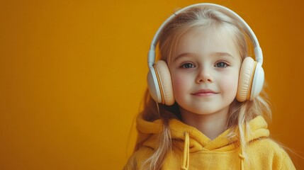 A young girl, wearing headphones and a bright yellow hoodie, gazes directly at the camera against a vibrant orange background.