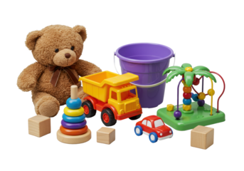 Soft brown teddy bear, colorful plastic toys, stacking rings, and wooden block, arranged on clean transparent with bright high-key studio light, 45-degree high-angle, children's product concept