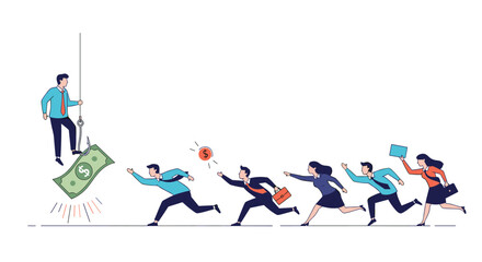 Businesspeople chasing after flying money symbolizing financial opportunity and success