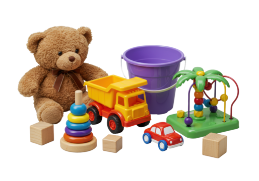 Soft brown teddy bear, colorful plastic toys, stacking rings, and wooden block, arranged on clean transparent with bright high-key studio light, 45-degree high-angle, children's product concept