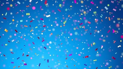 Colorful confetti frozen in motion against a blue gradient, capturing a festive and dynamic moment.