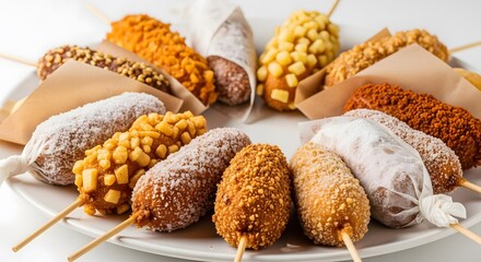 Colorful assortment of trendy Korean hot dogs on a stick, showcasing diverse and crunchy coatings like potato and cheese on a clean white background