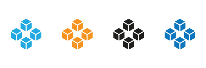Obraz premium cube icon symbol with three blocks. three sugar cubes icon.Dynamic geometric cube icons set for modern designs, cubic building icon. block chain logo icon for website design