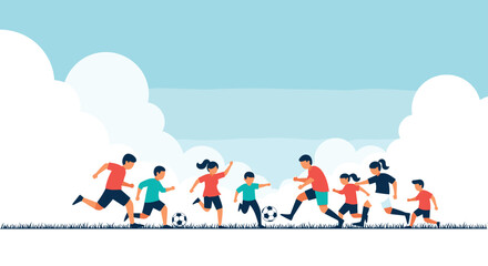 Fototapeta premium Children and adults playing soccer on a grassy field under a cloudy sky
