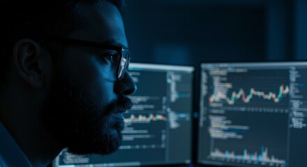 Focused programmer analyzing data charts and code on multiple monitors in a dimly lit, tech-driven environment.