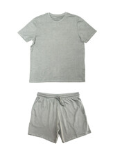 Gray athletic apparel set featuring a short-sleeve t-shirt and matching shorts, displayed on a...