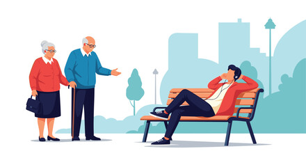 Older couple approaches younger man listening to music on park bench