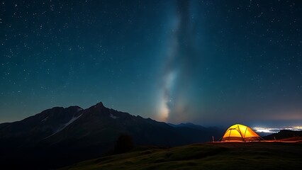 Starry mountain nightscape with a glowing tent under the Milky Way.