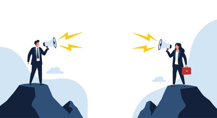 Business people shouting through megaphones across a gap symbolizing communication challenges