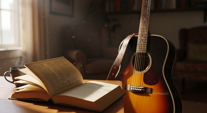 Acoustic Guitar with Book, and Sunlit Room. - Powered by Adobe