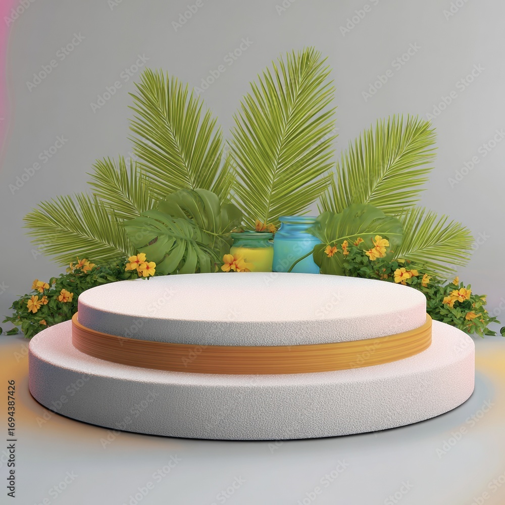 Poster empty product display platform: a minimalist platform elegantly adorned with fresh tropical foliage 