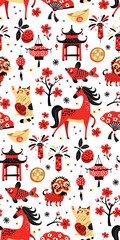 Chinese New Year Red Fire Horse zodiac Seamless Background Pattern, Dragon, Sakura. Lunar New Year Celebration Festival Vector illustration, Red Gold Oriental Festive Design. Traditional Icons