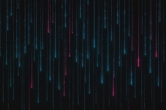 Abstract digital rain of glowing neon light streaks and particles cascading down a dark futuristic background