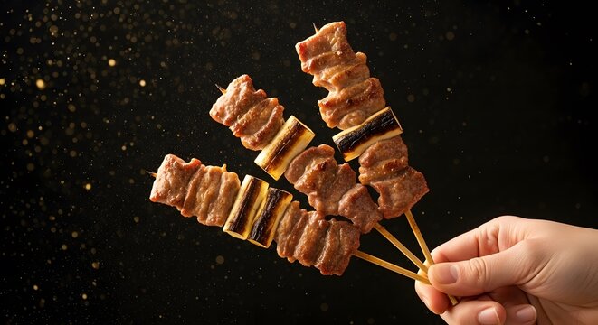 Savory grilled pork and scallion skewers, a traditional Japanese izakaya appetizer, held up against a black backdrop with a dusting of spice