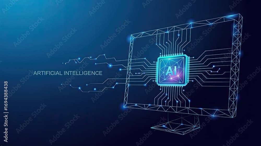 Poster futuristic digital circuit board with glowing ai chip and abstract technology elements