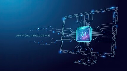 Futuristic digital circuit board with glowing ai chip and abstract technology elements