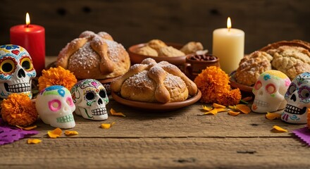 traditional pan de muerto and sugar skulls with marigold flowers celebrating day of the dead