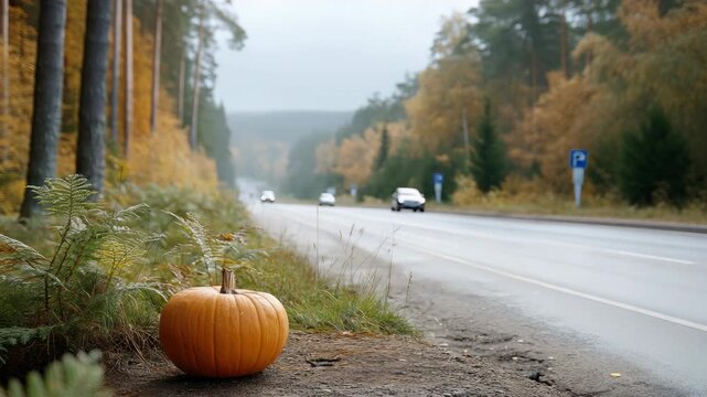 A vibrant pumpkin lies on the roadside, set against a backdrop of trees with golden leaves and a grayish sky hinting at fall
