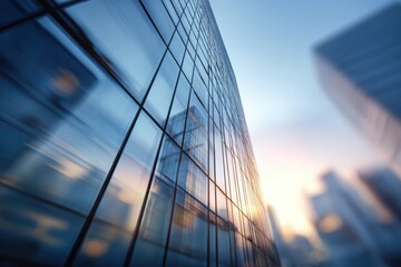 Soft focus office tower with glass panels creating a dreamy corporate backdrop ideal for business innovation, financial growth, and technology future concept in modern urban architecture design.