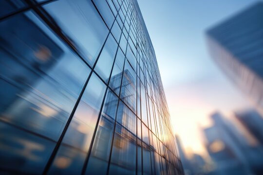 Soft focus office tower with glass panels creating a dreamy corporate backdrop ideal for business innovation, financial growth, and technology future concept in modern urban architecture design.