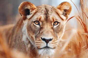 Close-up portrait of a lioness, showcasing intense gaze and tawny fur, with blurred background of tall grass.
