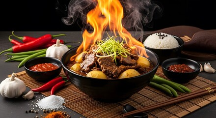 Spicy flaming Asian beef and potato stew served in a black bowl with rice, chili, and garlic on a dark background