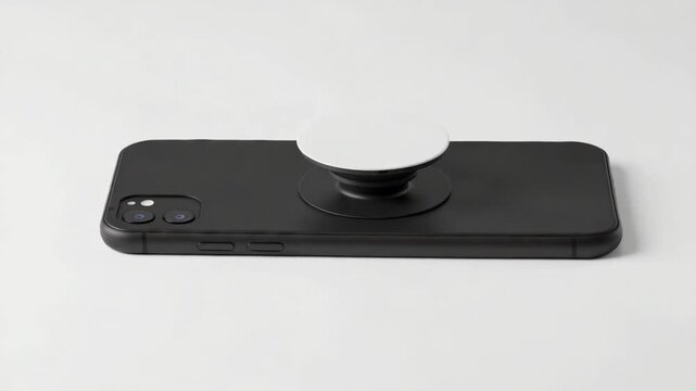 Sleek black phone with pop socket on white surface