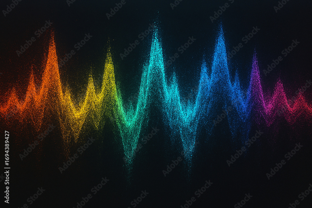 Poster vibrant abstract sound wave visualization with a spectrum of colors against a dark background