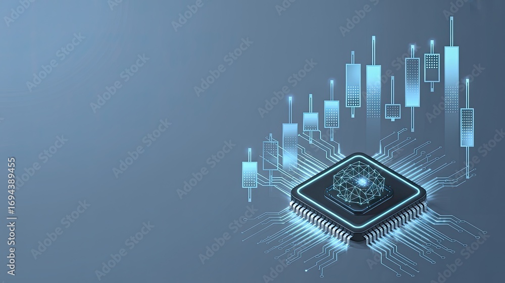 Poster futuristic digital cityscape with glowing microchip and abstract technology elements