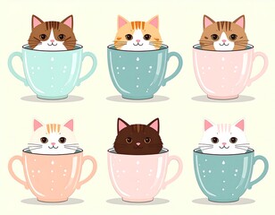 Cute cats in teacups. Various colors