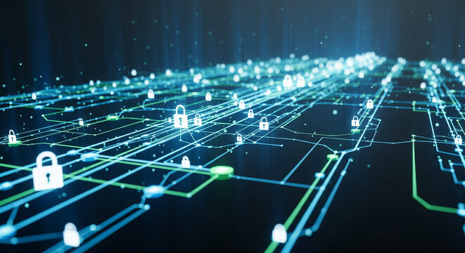 Abstract digital representation of a secure network, showcasing data protection and cyber security. - Powered by Adobe