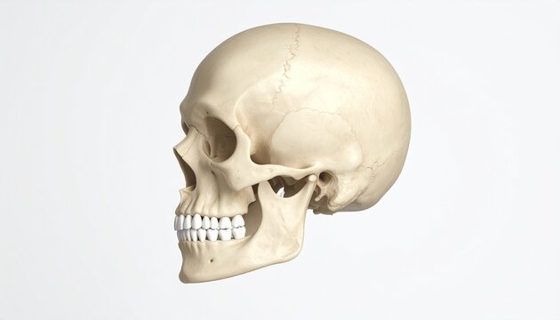 side-view human skull with visible sutures and teeth on neutral background