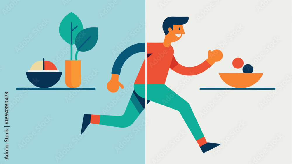 Poster exercise and nutrition balance a split illustration with one side showing a patient jogging and the 