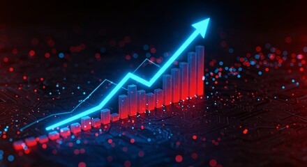 Dynamic graph showing upward trend, financial growth with a circuit board pattern and glowing particles in the background