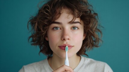 A young woman holds a toothbrush against her lips, showcasing healthy teeth care and a thoughtful expression.