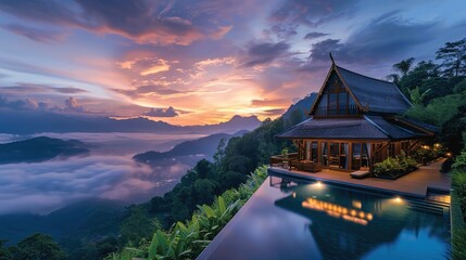 Obraz premium Stunning Mountain Villa at Sunset Overlooking Misty Valley Landscape
